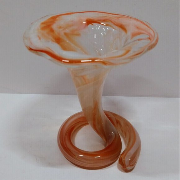 Vintage Orange, White & Clear Art Glass Tulip Trumpet Vase Swirl Coiled Base - Picture 5 of 6